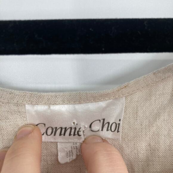 Vintage Connie Choi Beige Black Linen Maxi Dress Dolphin Boat Print Coastal SM - Picture 5 of 8